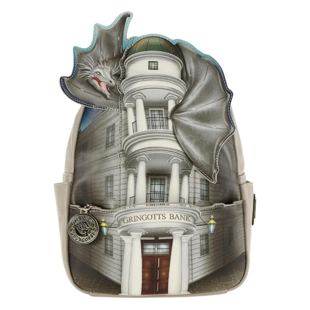 NEW Loungefly Harry Potter Gringotts Bank and Dragon Mini Backpack Leather Grey